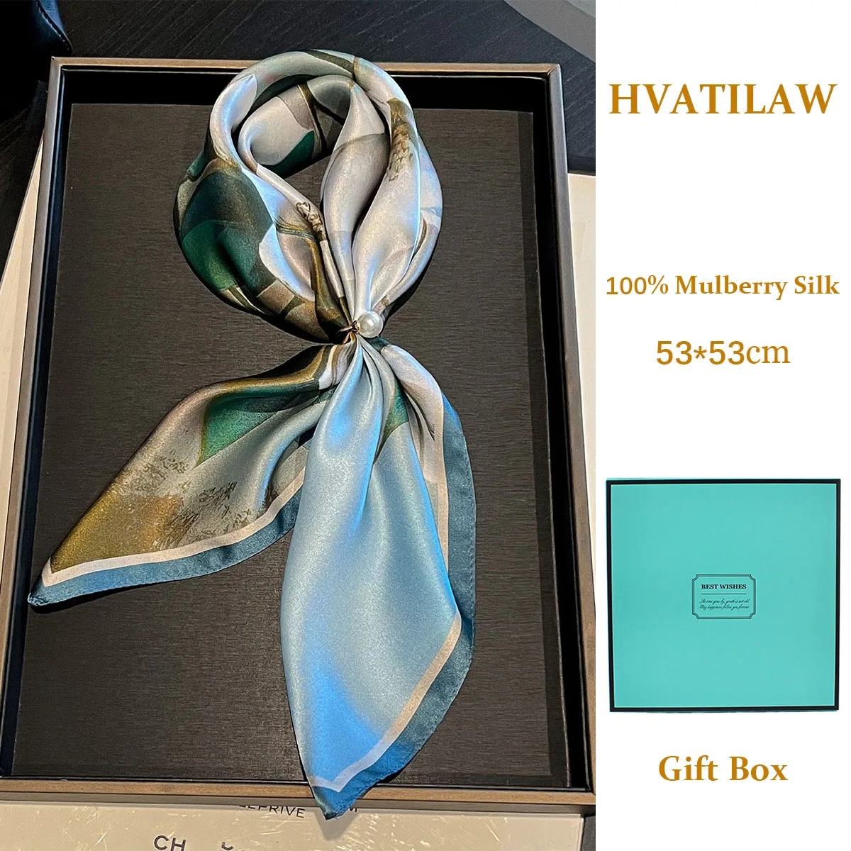 

New Women 100% Real Silk Scarf Summer Mulberry Shawl Wrap Pashimina Foulard Bandana 53cm Square Kerchief Headband Hijab Gift Box