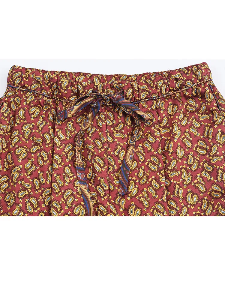 HH レディースファッション ペイズリー柄 ラペル シングルブレスト パジャマ風 プリントシャツ+ハイウエスト カジュアル レースアップパンツ 2点セット 女性用
