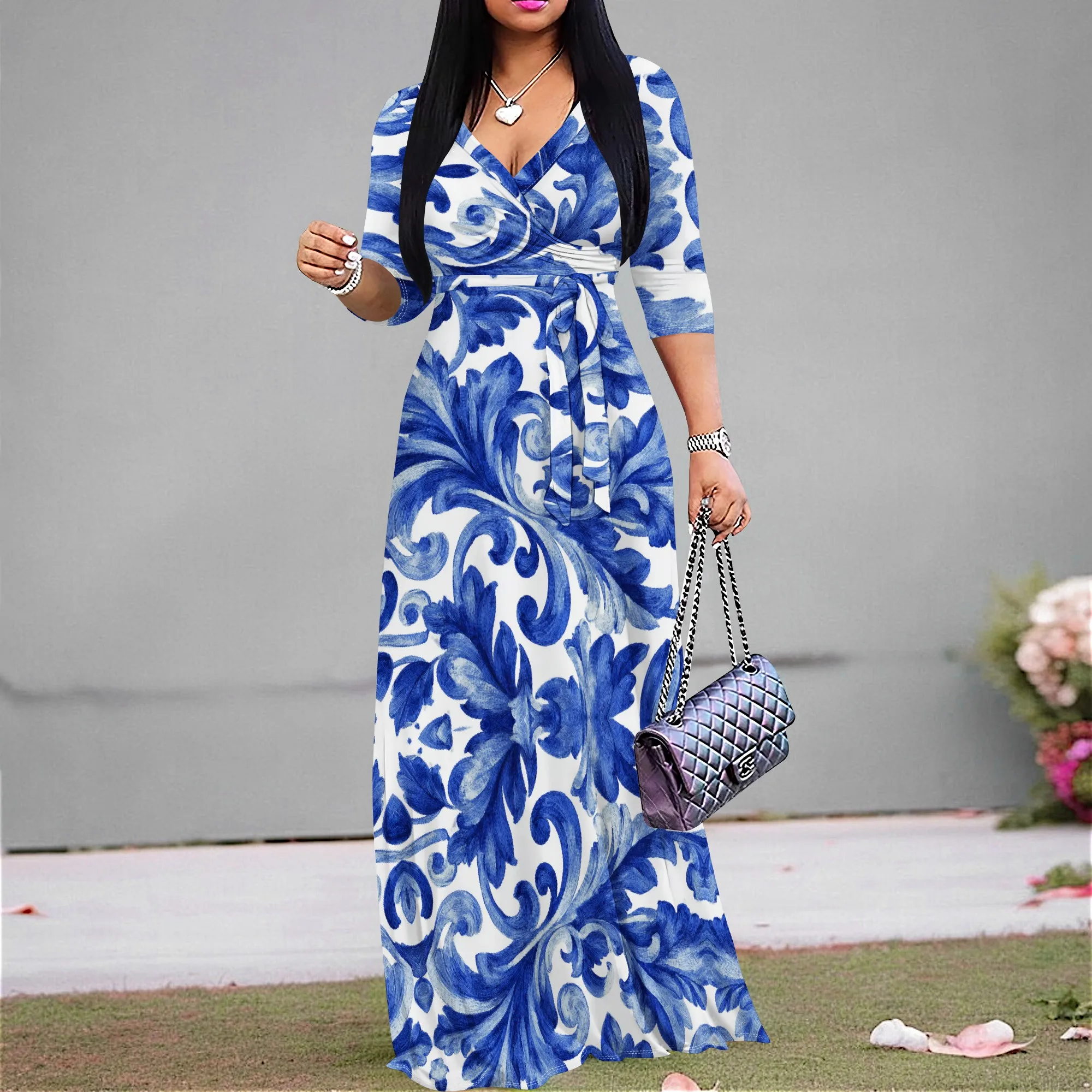 

Blue Floral Print Maxi Dress S-3XL V-Neck Belted for Spring Picnic, Garden Party or Easter Celebration Look