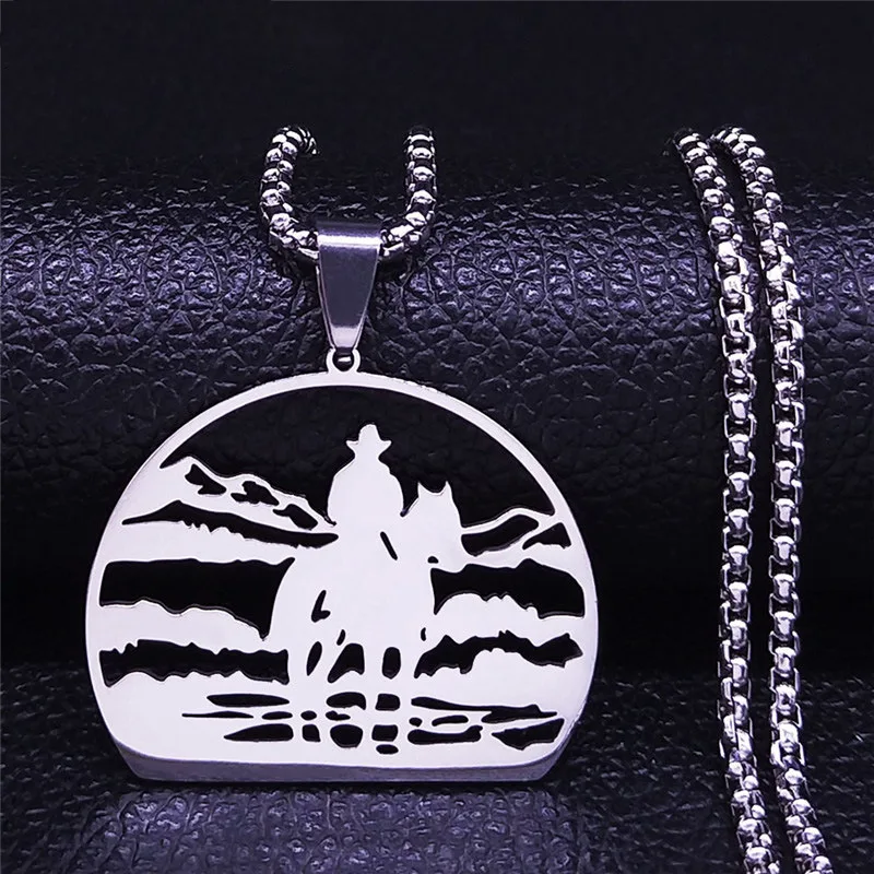 West Cowboy Style Beautiful Scenery Clouds Snow Capped Mountains Cowboys Riding Horses Necklace for Men Stainless Steel Jewelry