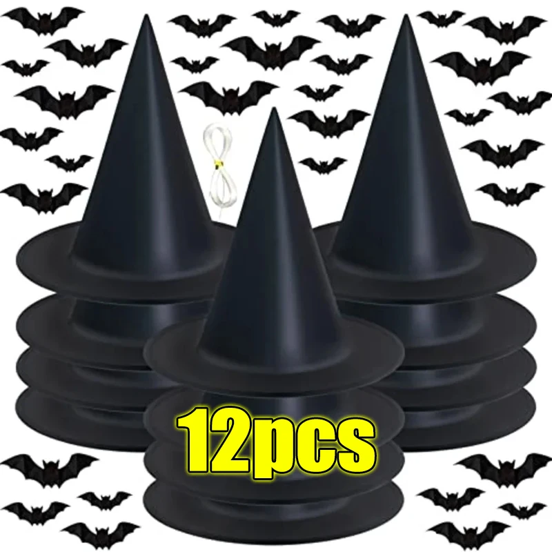 

1-12pcs Halloween Witch Hat Kids Adults Halloween Party Cosplay Costume Props Decoration Black Wizard Cap Yard Hanging Witch Hat