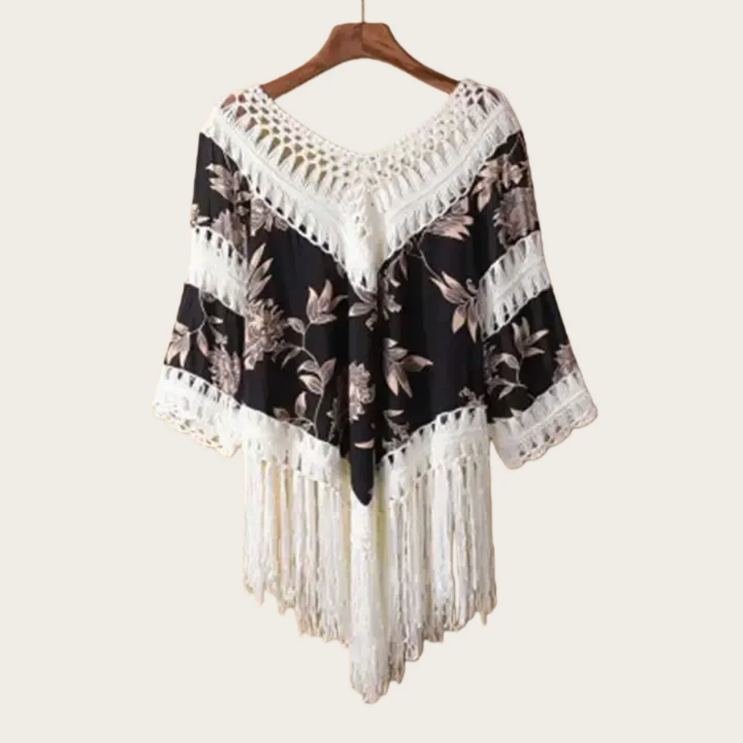 

Retro Knitted Tassel Bikini Cover up Summer V-Neck Loose Fit Beach Sunscreen Tunic Hollow Beach Blouse