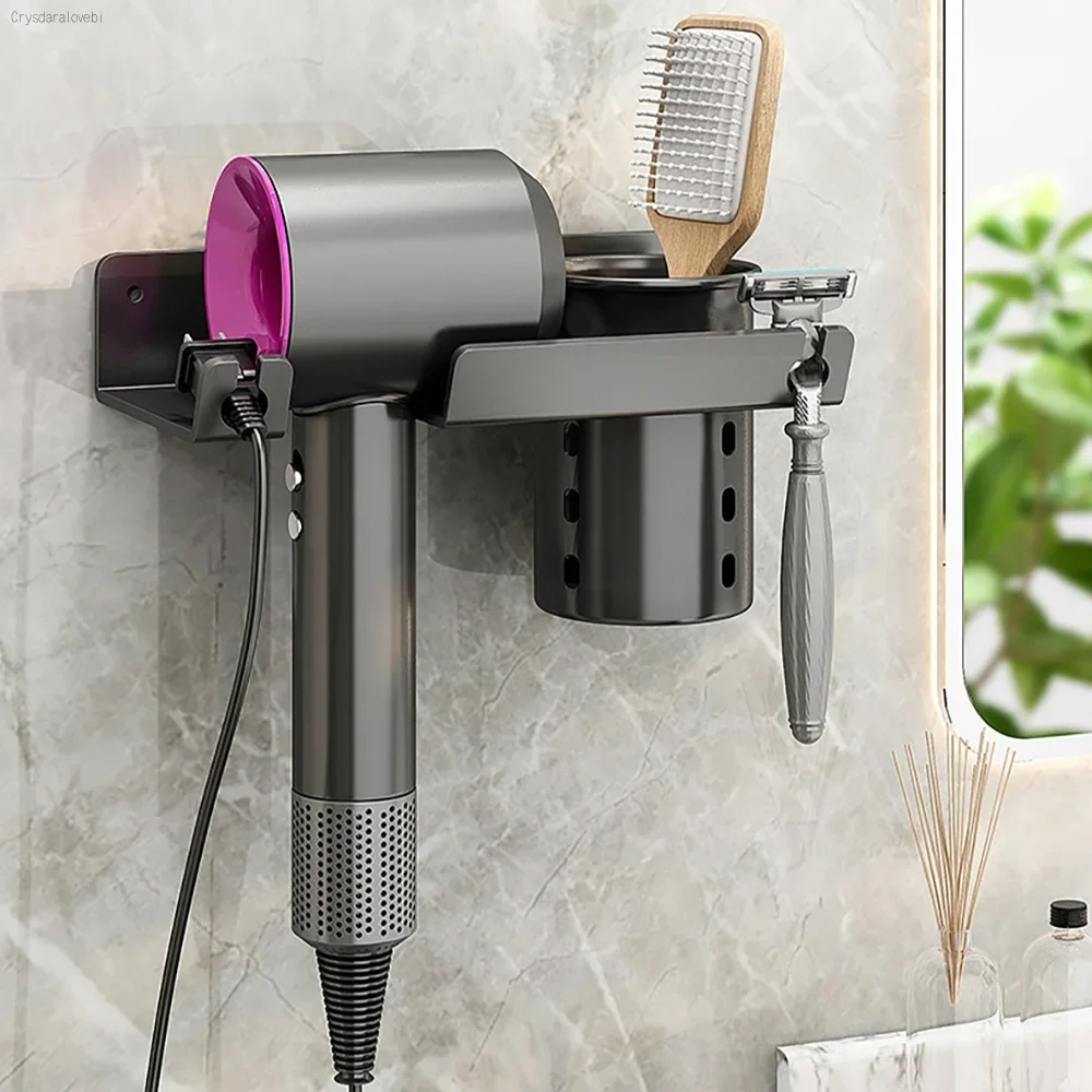 Hair Dryer Holder Wall Mounted Hairdryer Organizer With Storage Box Razor Holder Stainless Steel Bathroom Straightener Stand