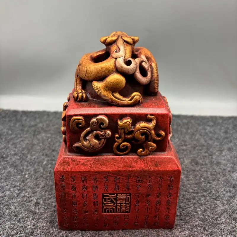 Resin Dragon Knob Imperial Seal Chinese Cinnabar Red Gilt Chop Stamp Traditional Collectible Desk Decor Gift
