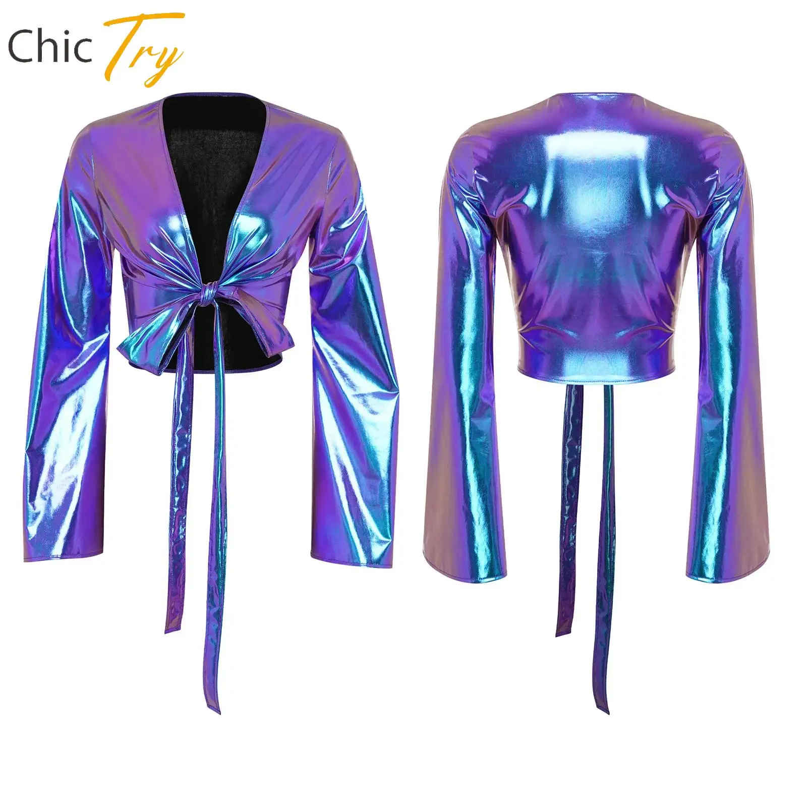 レディースヨガワークアウトダンストップス、レースアップラップメタリックトップス、ロングフレアスリーブクロップトップ、カーニバルパーティー、クラブウェア用カバーアップ