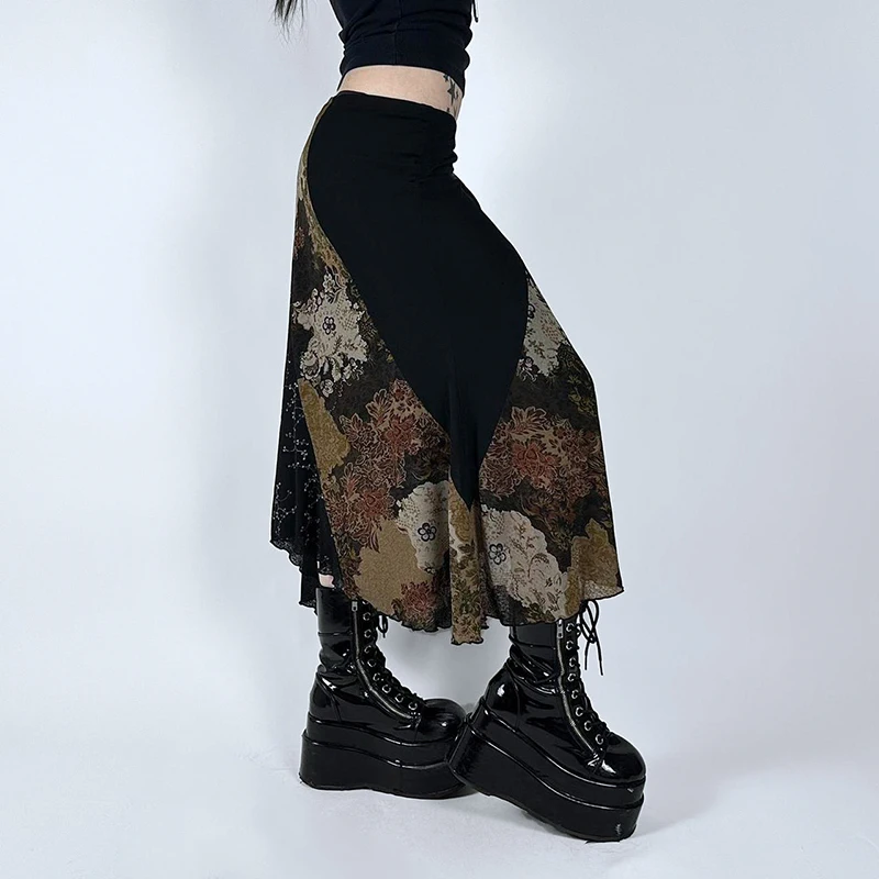 

SUCHCUTE Vintage Printed Patchwork Irregular Skirts Y2K Aesthetic 2000s Elastic Waist Skirts Gothic Design Slim Outfit Fairycore