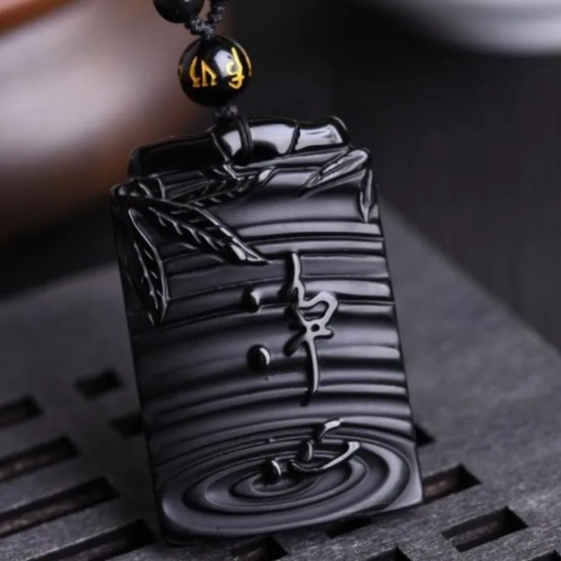 Natural Black Obsidian Hand Carved Peace of Mind Jade Pendant Fashion Boutique Jewelry Men and Women Necklace Gift