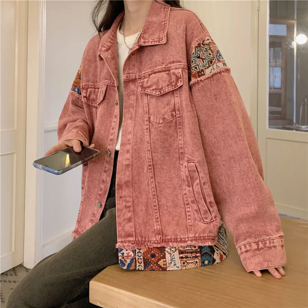 Fashion Pink Long Sleeve Denim Coat Unisex Vintage Style Slim Denim Jacket For Women Casual Sweet Cool Slim Jean Outerwear Tops