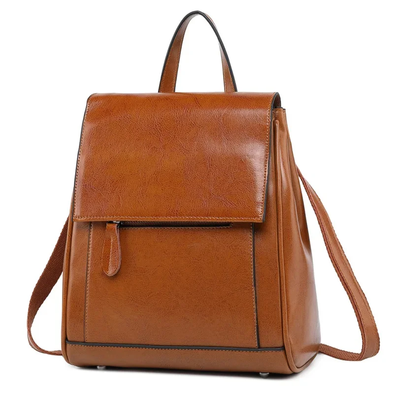 

Women Oil Wax Cowhide Backpack School Daypack High Quality Genuine Leather Cross Body Shoulder Bags Rucksack Travel Knapsack