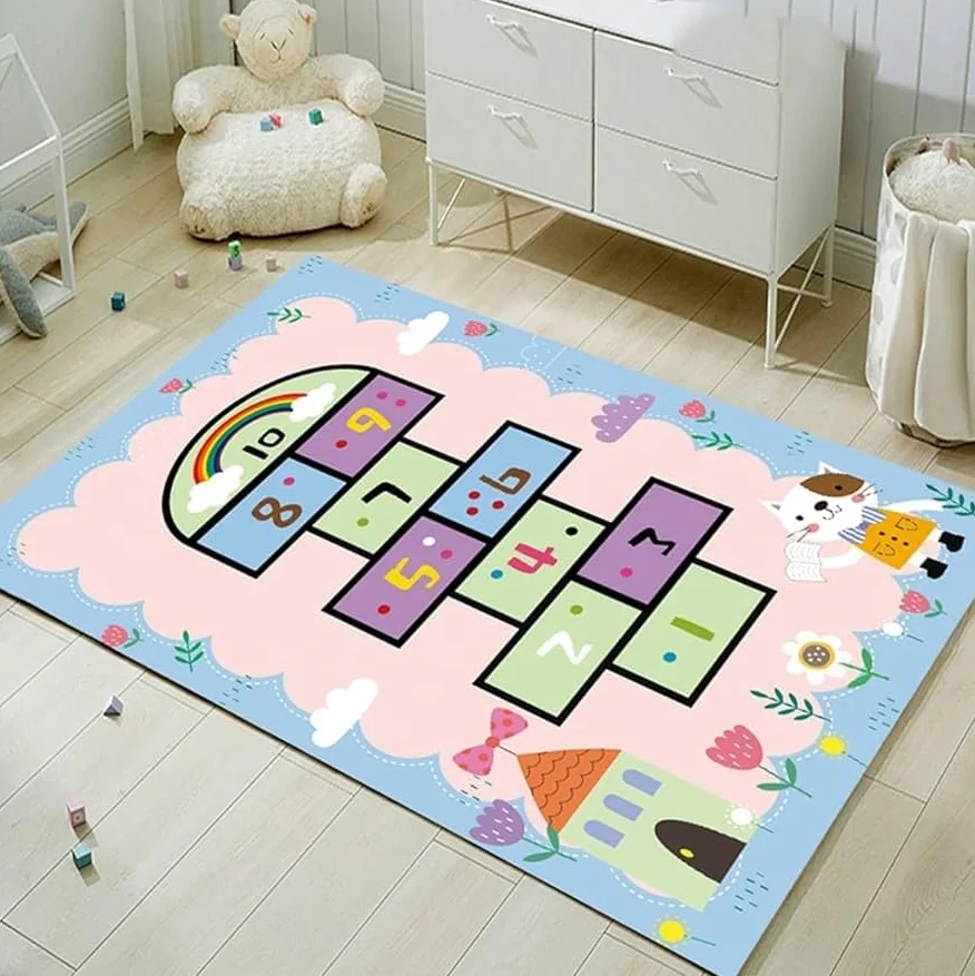 Blauer Regenbogen-Hüpfspiel-Teppich für Kinder, waschbarer Teppich für Kinderzimmer, Spielzimmer, Schlafzimmer, Wohnzimmer, Küche, rustikale Heimdekoration