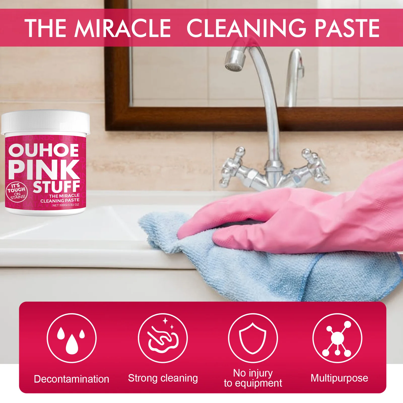 Pink Heavy Duty Cleaning Paste, 2 in 1 Kitchen & Bathroom Stain Remover, Eliminates Tough Grease, Oil Stains, Limescale & Soap S