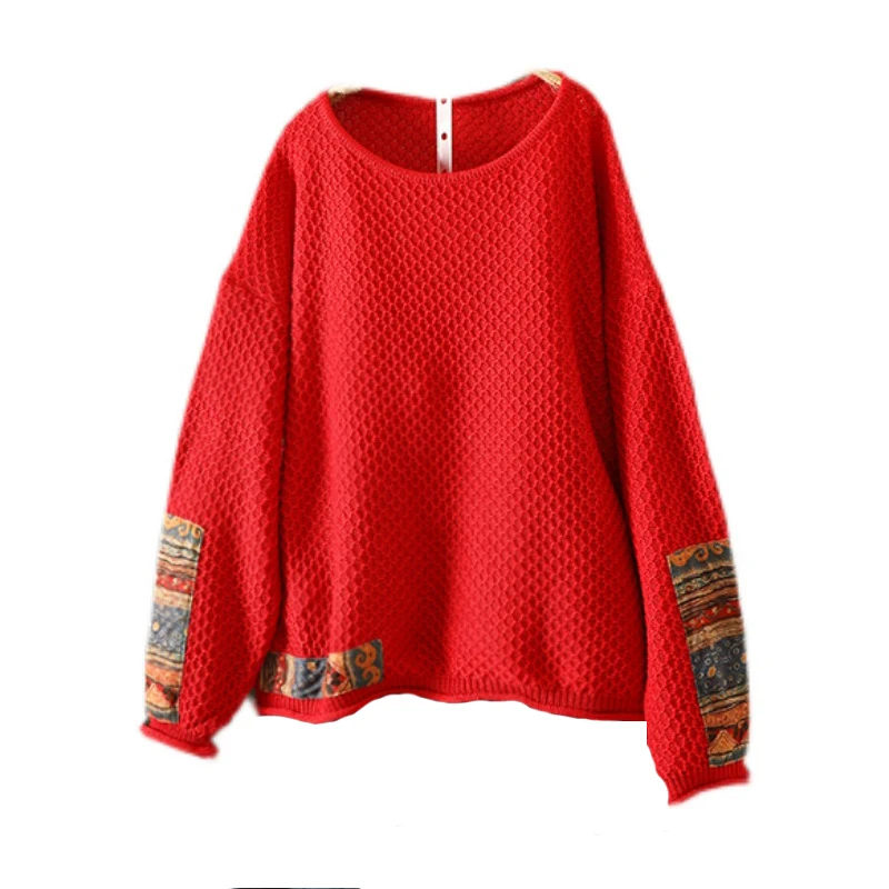 Retro Patchwork Women\'s Sweater Spring Fall High Quality Long Sleeve O-neck Loose Casual Pulluver Knitwear Female Vintage Tops