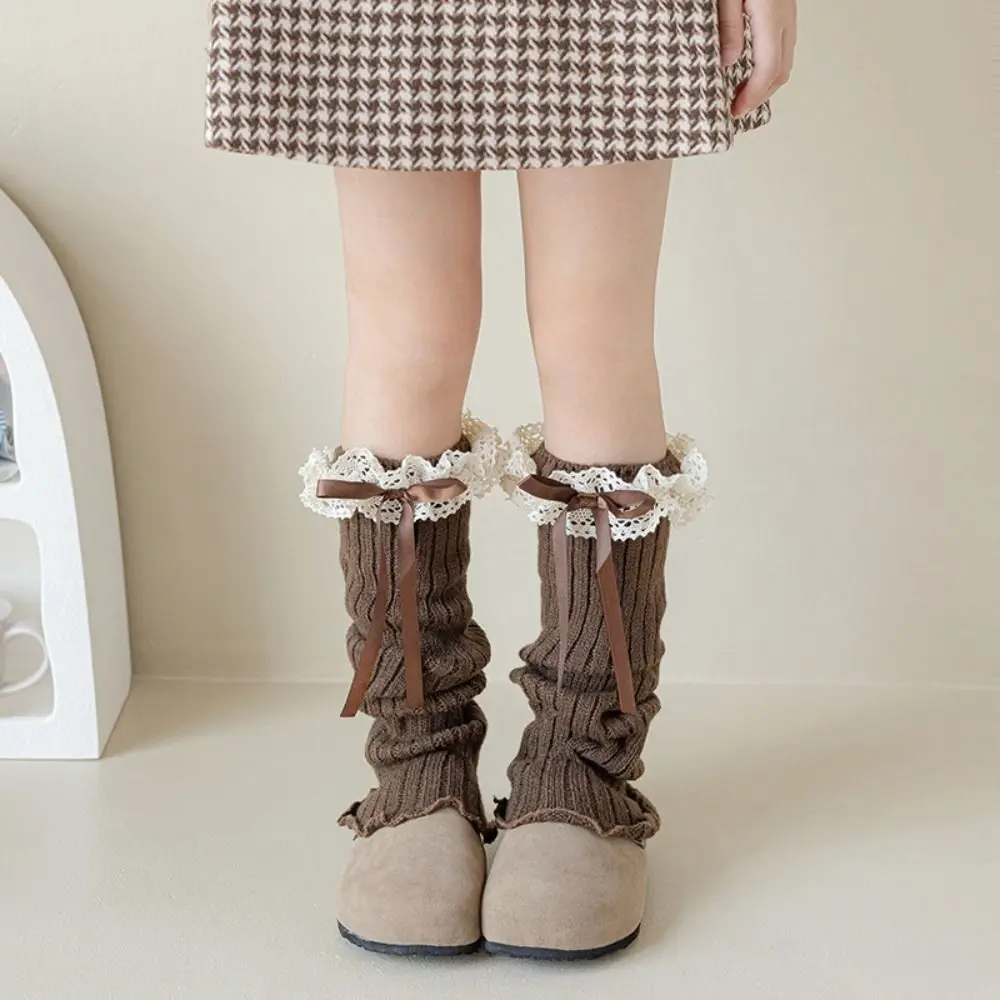 

Jk Harajuku Bow Ribbon Leg Warmers Long Stockings Solid Color Lolita Knitted Socks Kawaii Sweet Knitted Foot Cover Winter