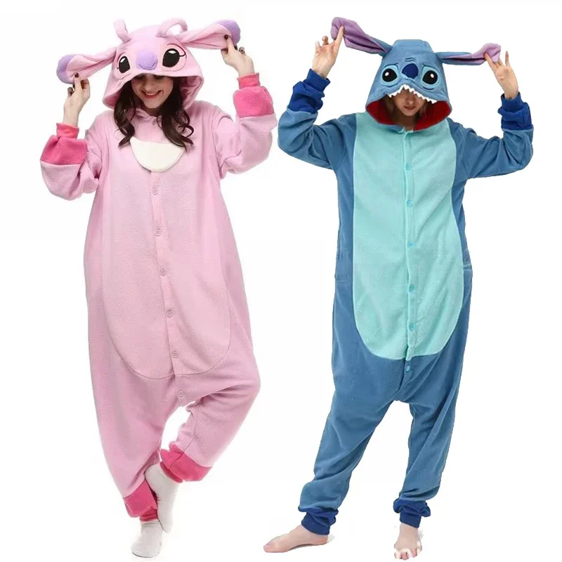 New 2025 Cartoon Jumpsuit Pajama Polar Fleece Onesie Stitch Angel Cosplay Costume Men Women Plush Sleepwear Teen HomeX160