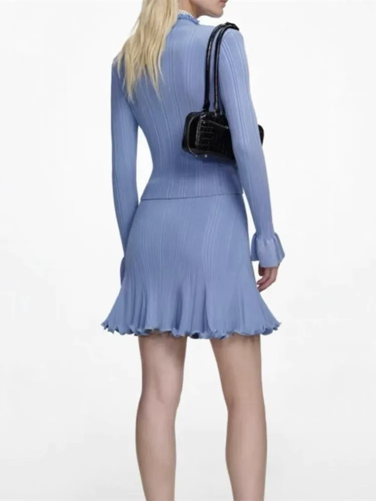 

Women's Beaded Stand Collar Long Sleeve Cardigan Sweater or Pleated A-Line Mini Skirt Set Spring 2026