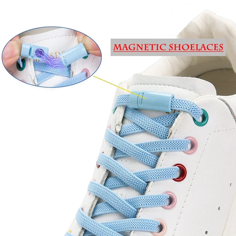 Weave Flat Shoelaces Lock No Tie Shoe Laces Quickly Put on And Take Off in 1 Second Lazy Lace Elasticity Magnetic Color Metal