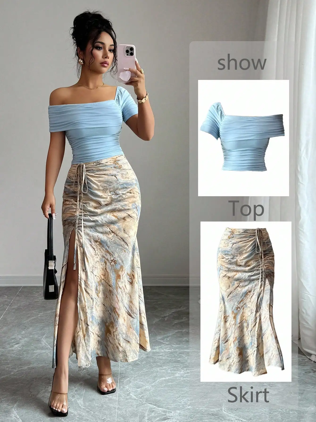 2-Piece Women's Set: Off-Shoulder Ruched Top & Marble Print Side Slit Skirt