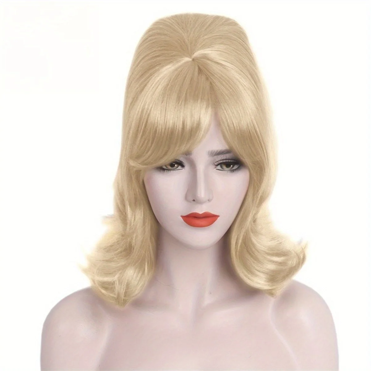 Light Blonde 60s Retro Beehive Medium Wavy Synthetic Wig Bangs Women Vintage Disco Halloween Party Cosplay Costume Hairpiece