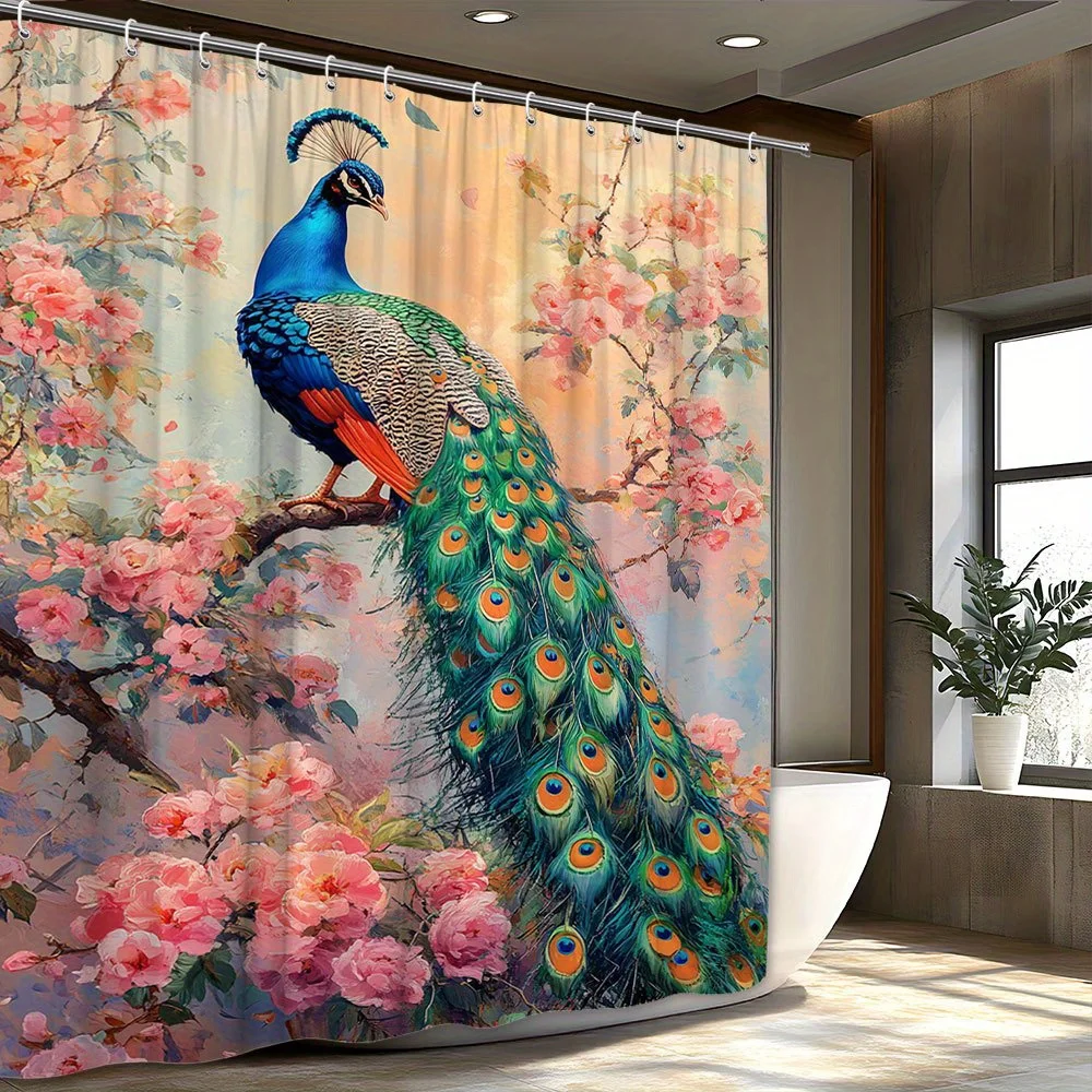 

peacock and cherry blossom shower curtain with vibrant feathers and pink flowers for elegant Free Hooks Included Quick Setup