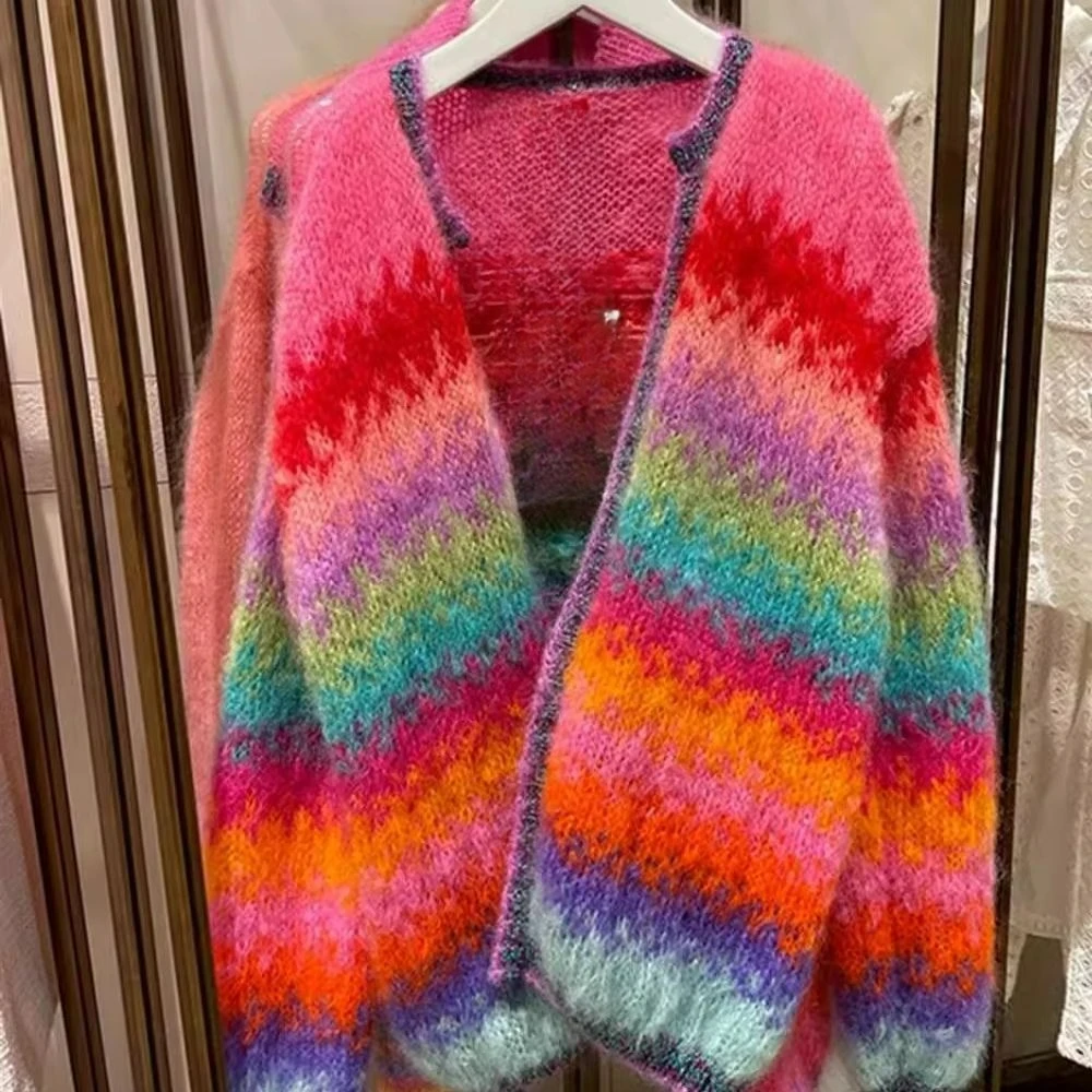 

Retro Street Niche Design Sense Fashion Causal Colorful Sweater Cardigan Coat