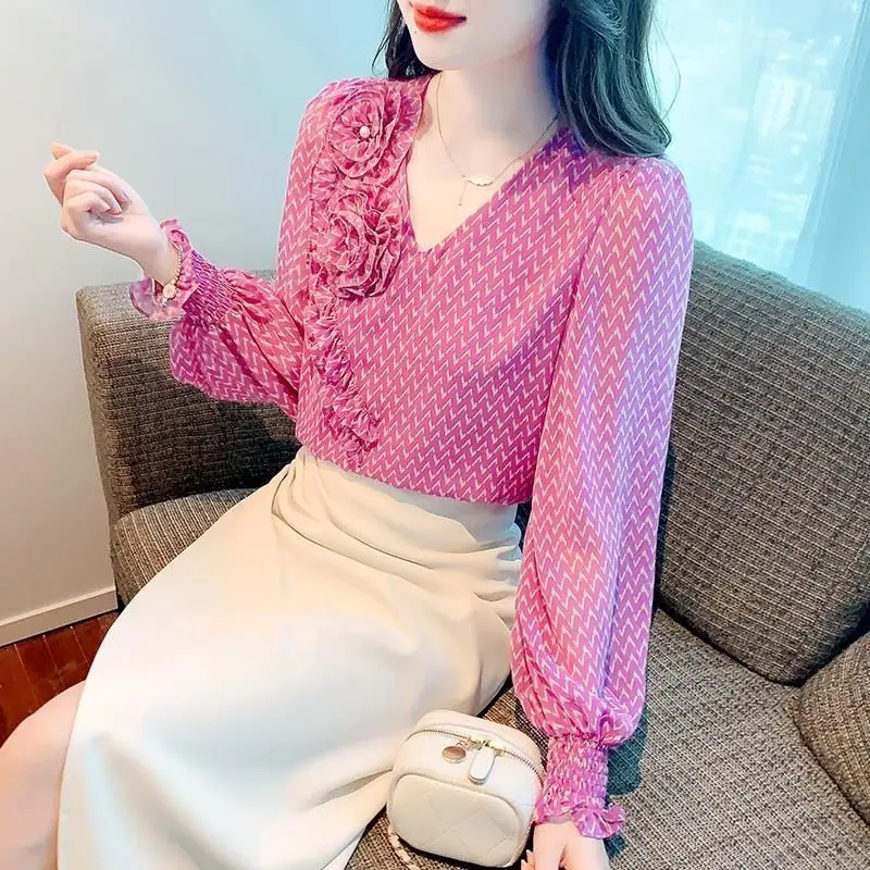 Spring Autumn Women Fashion Print 3D Flower Design Sweet Blouses Female V Neck Long Sleeve Chiffon Shirts Chic Elegant Slim Tops