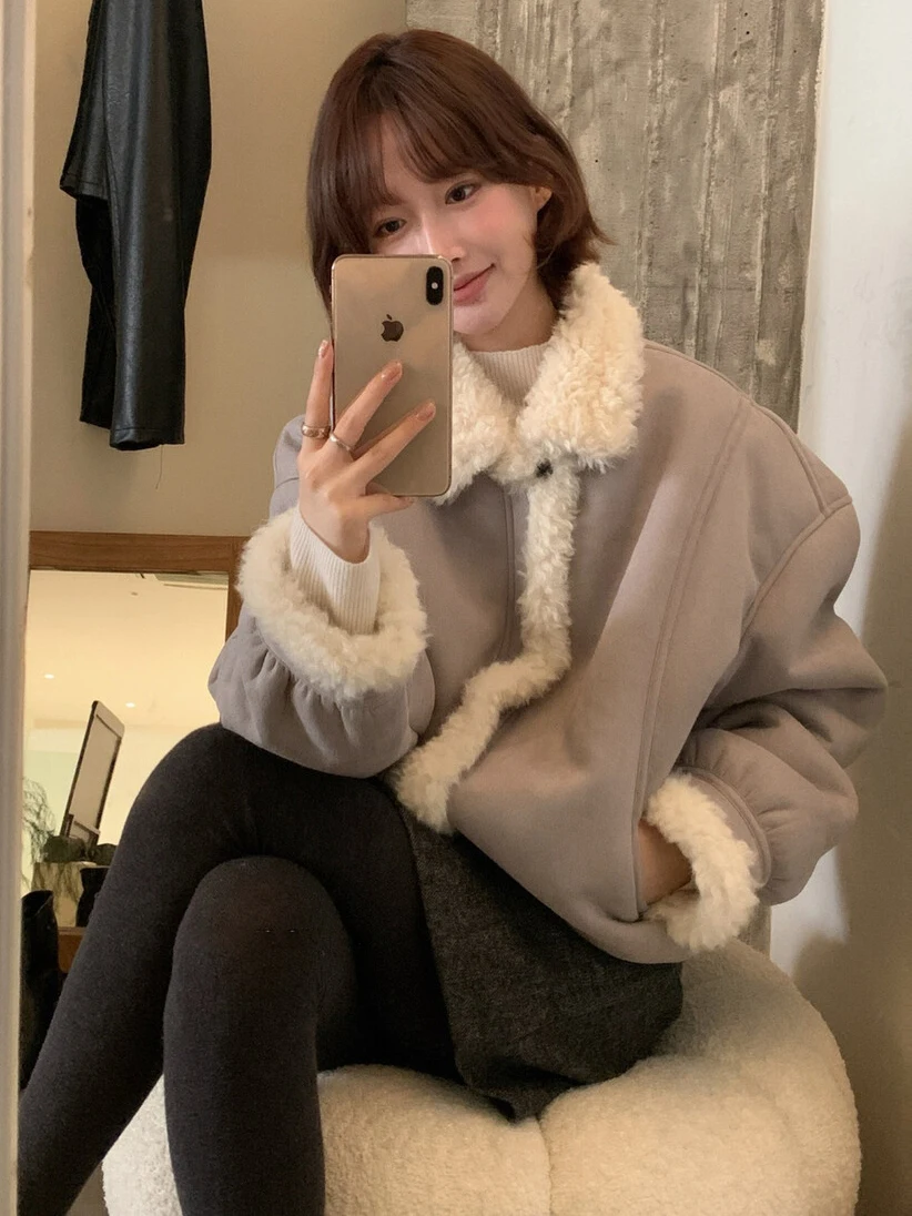 Coreano sle feminino thiened quente gola de pele de cordeiro entrado casaco de couro inverno elegância longo zíper ort outerwear