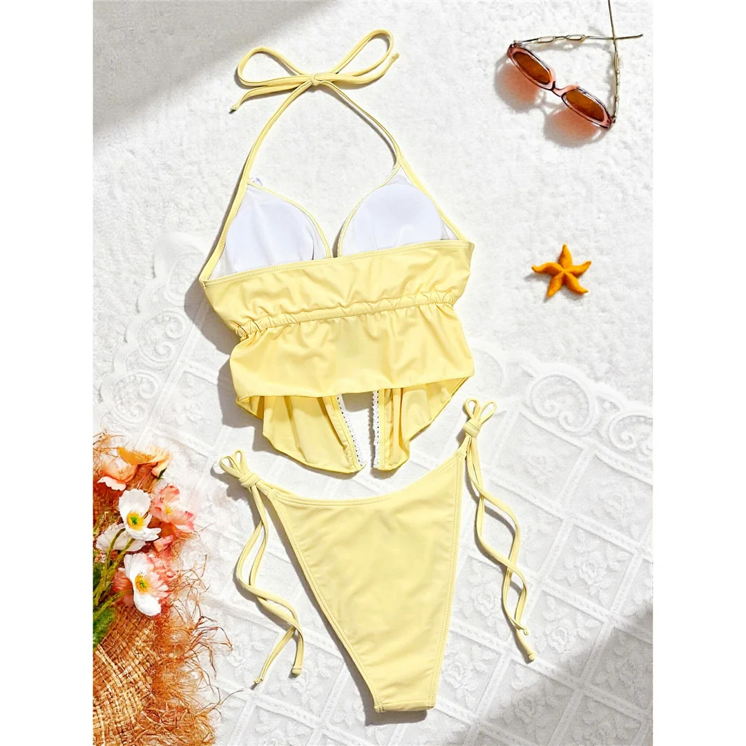 Sexy Spitzen-Halter-Tankini mit hohem Beinausschnitt, Damen-Bikini, zweiteiliger Badeanzug, Badebekleidung, Badeanzug, Modell V8157. – Detail 5