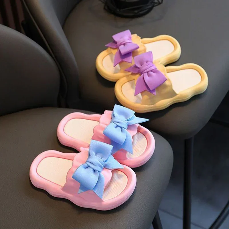 Children Slippers Girls Wearing Soft Soled Slippers Outside Cute Bow Anti Slip Bathroom Slippers Contrast Color Kid Slippers