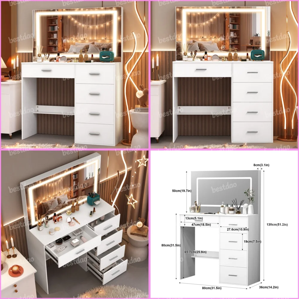 

Makeup VanitiesWhite Makeup Dressing Table with LED Mirror and 5 Drawers for Vanity