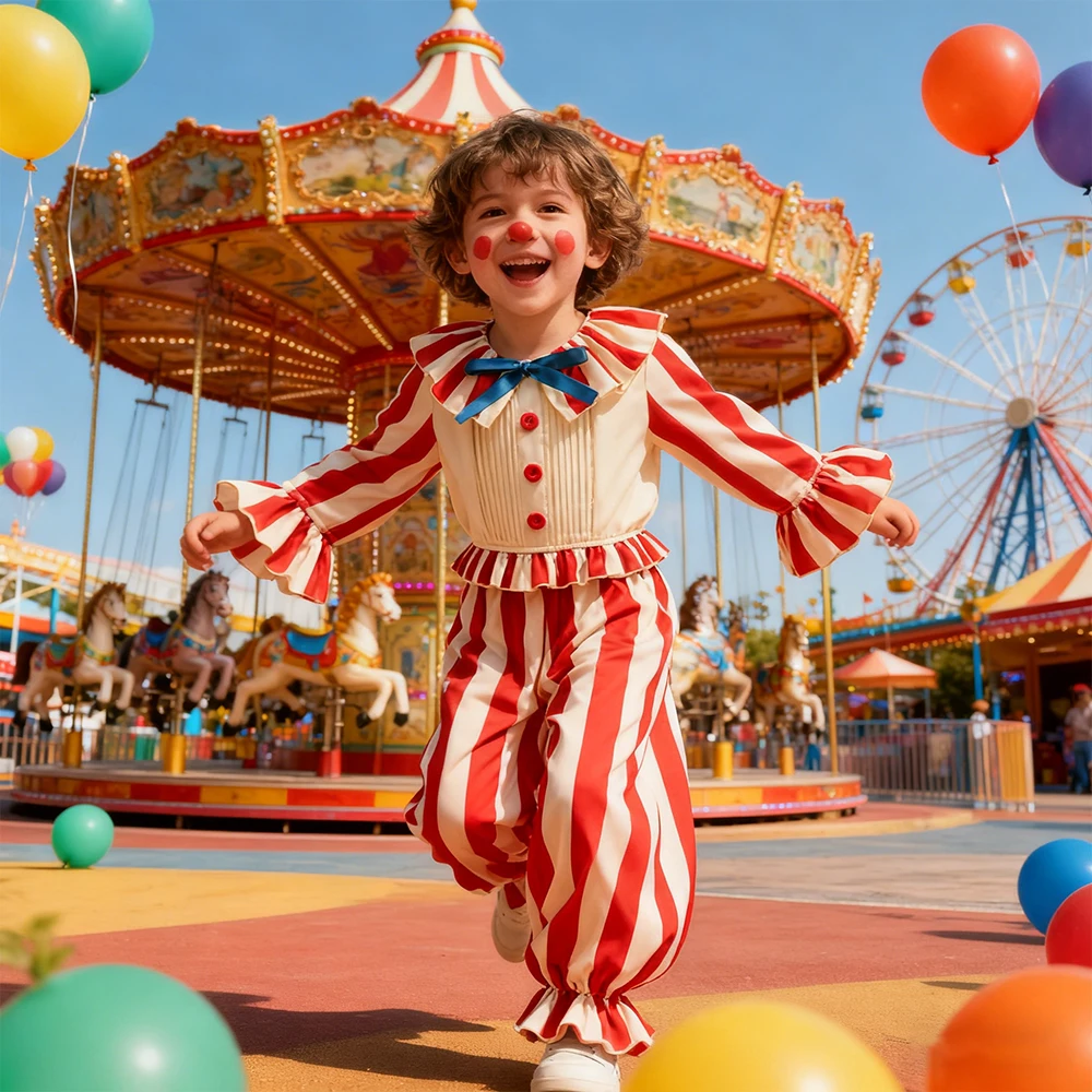 Clown Cosplay Costumes Christmas Performance Dress Up Boys Girls Suit Red Striped Jumpsuits Carnival Outfits Children's Clothing