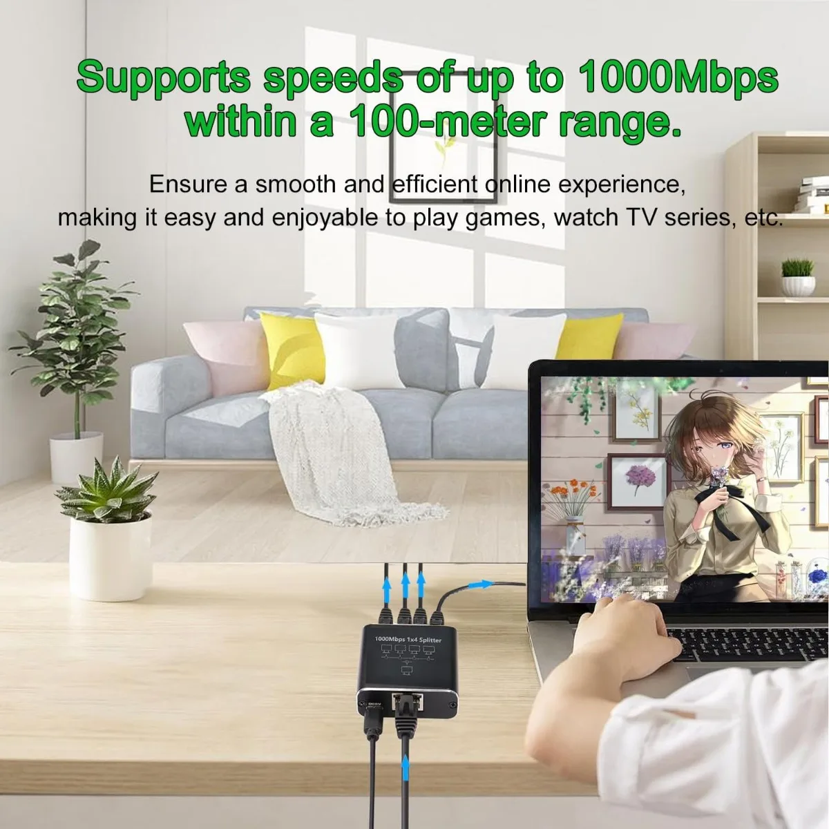 Splitter Ethernet da 1 a 4 LAN ad alta velocità, Gigabit 1000Mbps RJ45 Splitter Distributore Internet di rete a 4 uscite con cavo di alimentazione USB