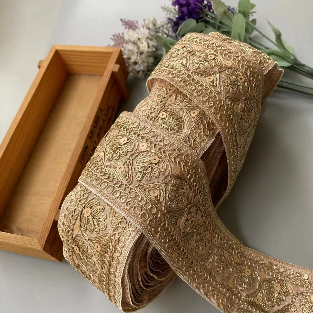 1 Yard Apricot Gold Thread Lace Fabric Trim Ethnic Style Clothing Sequins Embroidered For Curtain Jacquard Ribbon Accessories