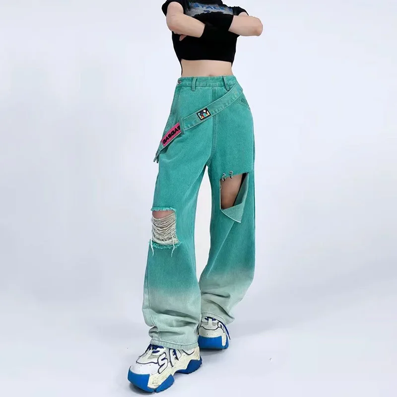 American Style Vintage zerrissen y2k Baggy Jeans Frauen Streetwear Freizeit hose heißes Mädchen hohe Taille Frauen Seite Knopf Hose