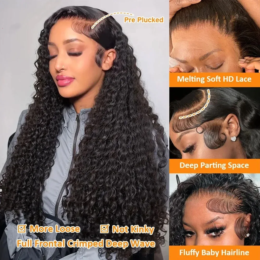 38 40 Inch 13x6 HD Deep Wave Lace Front Wig 200% Density Deep Wave Human Hair Wig Brazilian Virgin Curly Human Hair Wig For Women 13x4 Glueless Lace Frontal Wigs With Baby Hair Pre Plucked Hairline Natural Color