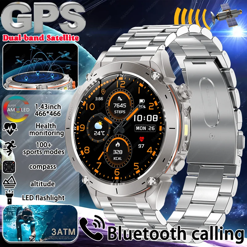 

2025 New Outdoor GPS Sports SmartWatch Men 1.46" AMOLED Screen 3ATM Waterproof Compass Flashlight 730mAh Battery Call Smartwatch