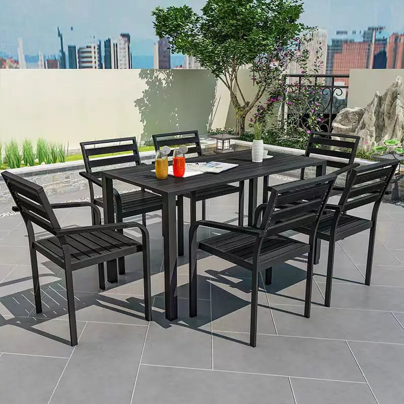 Simple Outdoor Tables And Chairs Water And Sun Resistant Iron And Wood Plastic Furniture Set For The Garden Milk Tea Shop