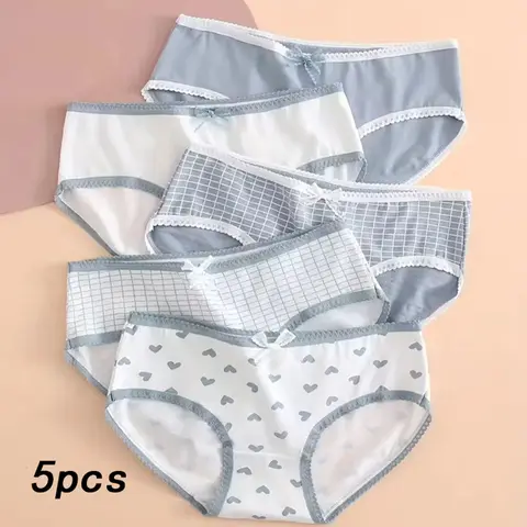 5pcs Women’s Soft Breathable Briefs Heart Plaid Print Panties Comfortable Intimates for Daily Wear