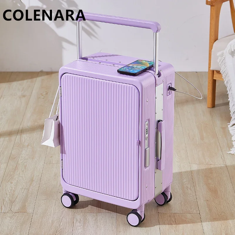 COLENARA Luggage 20 Inches Front Opening Boarding Box 25 "aluminum Frame Trolley Case USB Charging Universal Wheel Suitcase