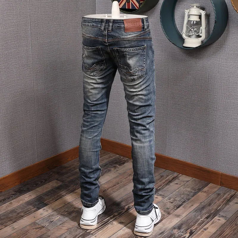 Newly Designer Fashion Men Jeans Retro Washed Blue Elastic Slim Fit Ripped Jeans Men Trendy Trousers Vintage Denim Pants Hombre