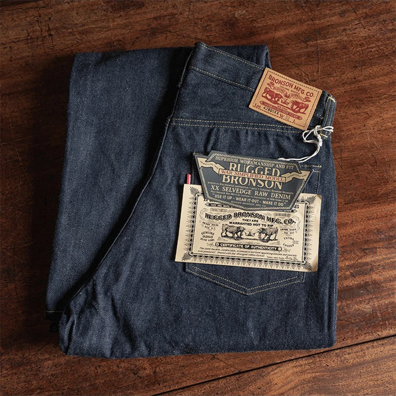 Rugged Bronson 42801XX 14oz Raw Selvedge Denim Jeans Mid-High Rise Button Fly with Laurel Donut Buttons Vintage Work Pants