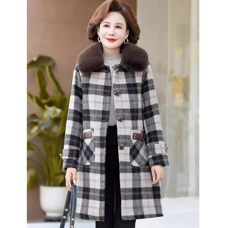 Mother's Winter Plaid Woolen jacket With Fur Collar Mid-Length Middle-Aged Elderly Women's Noble Plus Cotton Thick Woolen Coat