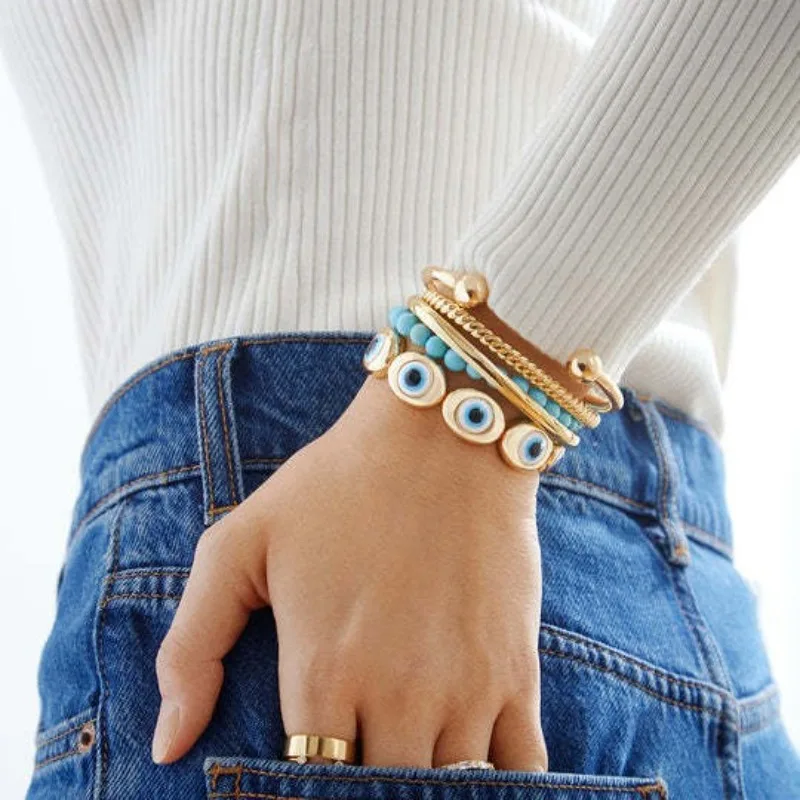 

18k Gold Plated Evil Eye Bracelet Blue Eye Handmade Bracelet Bohemian Style,Oil Drip Blue Eye Woven Adjustable Bracelet Women