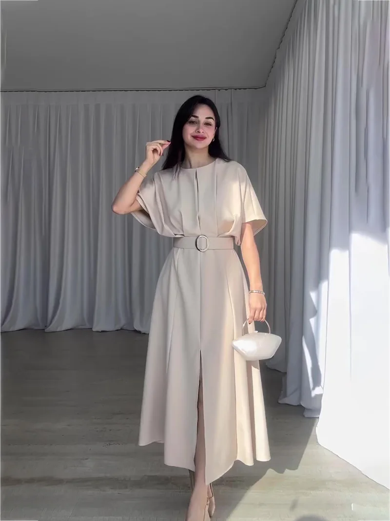 2024 new solid color fashion round neck short sleeve slim-fit long skirt dress