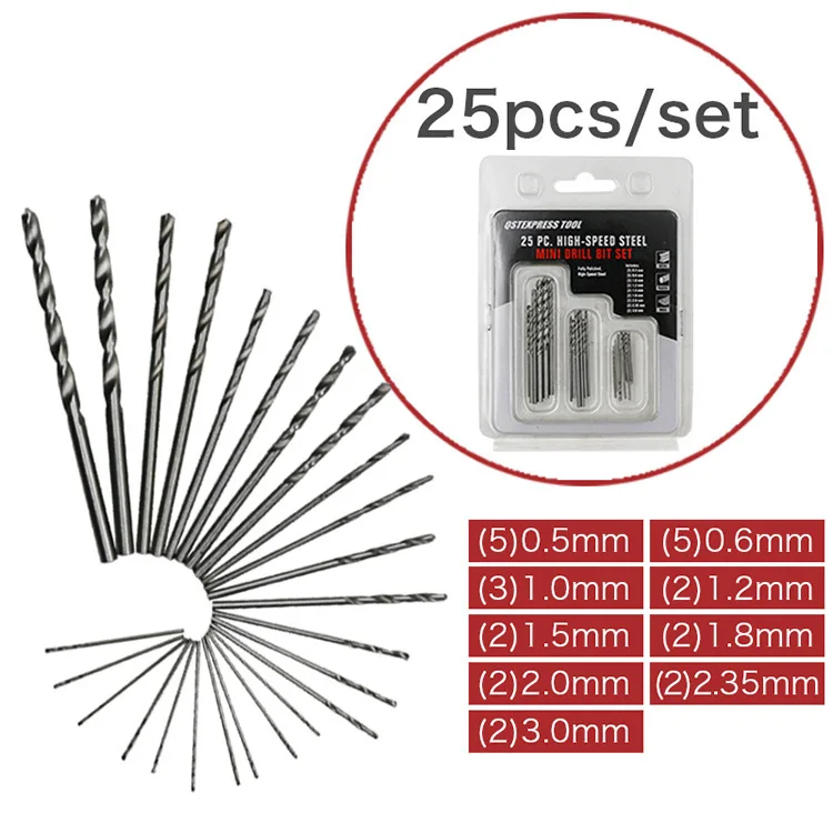 Small drill set 0.5 0.6 1.0 2.0 2.35 3.0MM straight shank twist drill High speed steel drill bit 25PCS