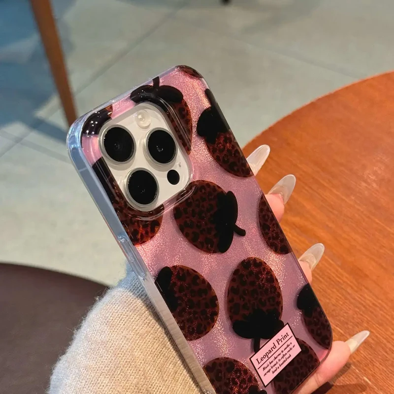 Water ripple glitter brown leopard print strawberry phone case For iPhone 11 12 13 14 15 16 pro max