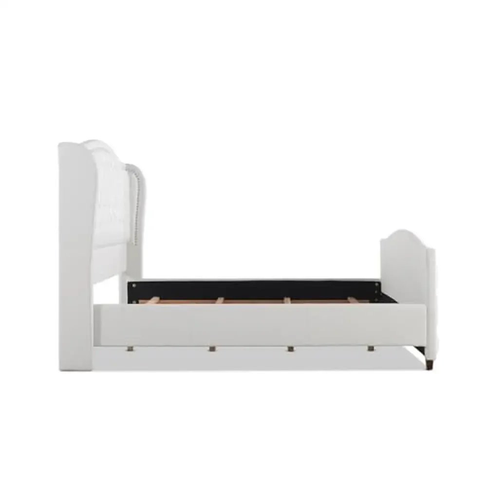 King Size Bright White Polyester Upholstered Panel Bed Set with Nailhead and Tufted Features Durable Birch Frame 88"L x 83"W x image 4
