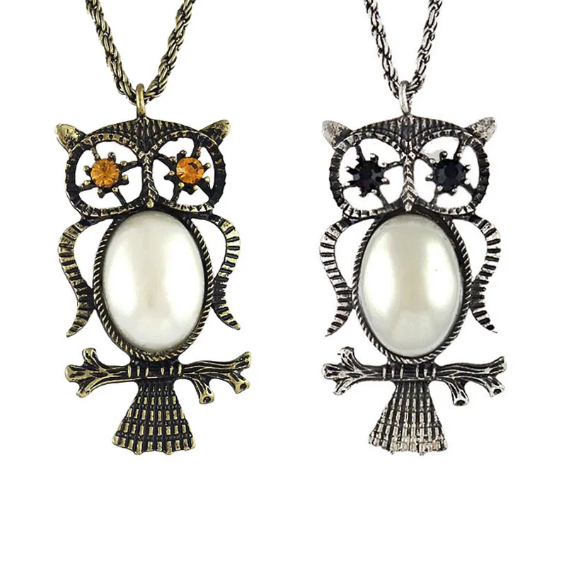 Frauen süße hohle Eule Lippe Strass Perle Vogel Tier Anhänger Pullover Kette lange Halskette Dame antike Metall Geschenk Schmuck