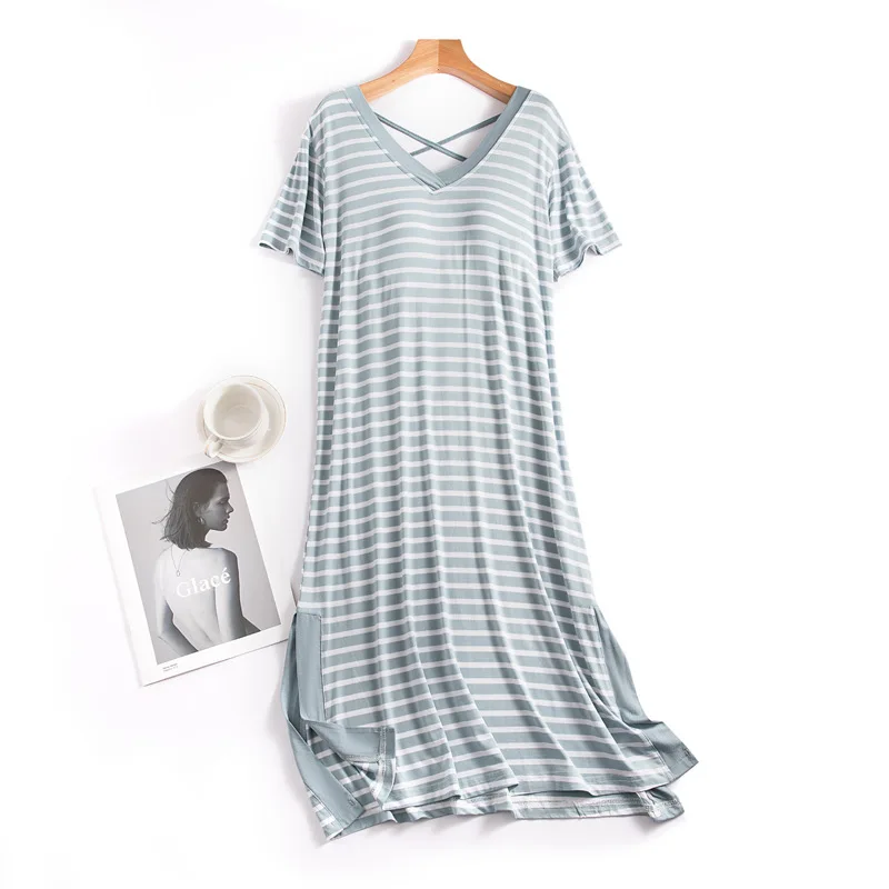 Striped Summer Sleeping Dress For Women New Short Sleeve Nightwear Dresses Ladies Nightgowns Chest Pad Sleepwear Nightshirt