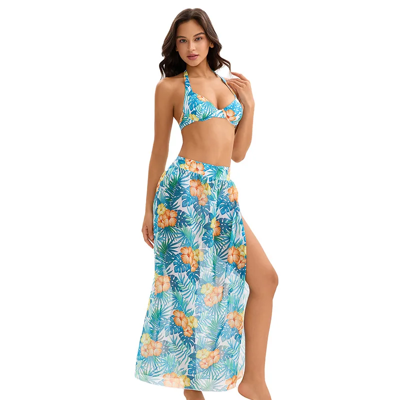 2026 Print Cross Three Piece Vent Long Skirt Bikini Swimsuit Women Swimwear Female Bather Bathing Swimming Swim Suit Beachwear