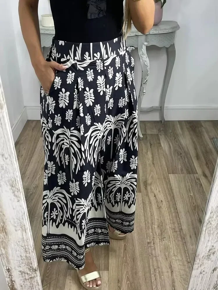 

Bohemia Women Long Pants Elastic Waist Adjustable Tie Wide Leg Spring Casual Trousers Retro Floral Coconut Print Lounge Pants